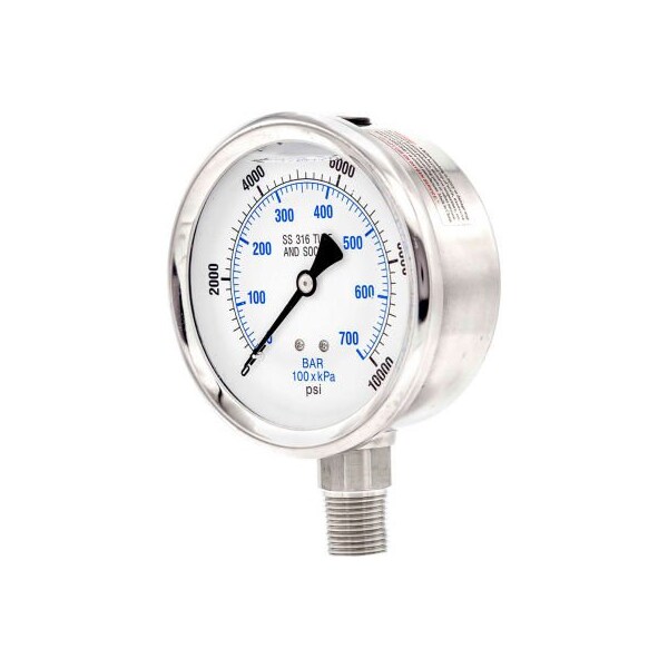 Engineered Specialty Products, Inc Pic Gauges 4" Pressure Gauge, Liquid Fill, 10000 PSI, All Stainless Steel, Lower Mount, 301L-402U 301L-402U - main